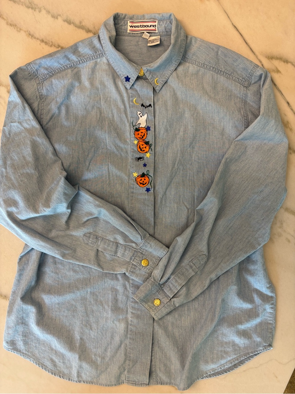 Vintage 90s Halloween Westbound Embroidered Denim Button down Pumpkin Spooky Lg